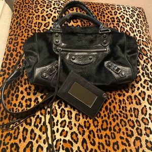 Balenciaga black pony hair motorcycle box bag